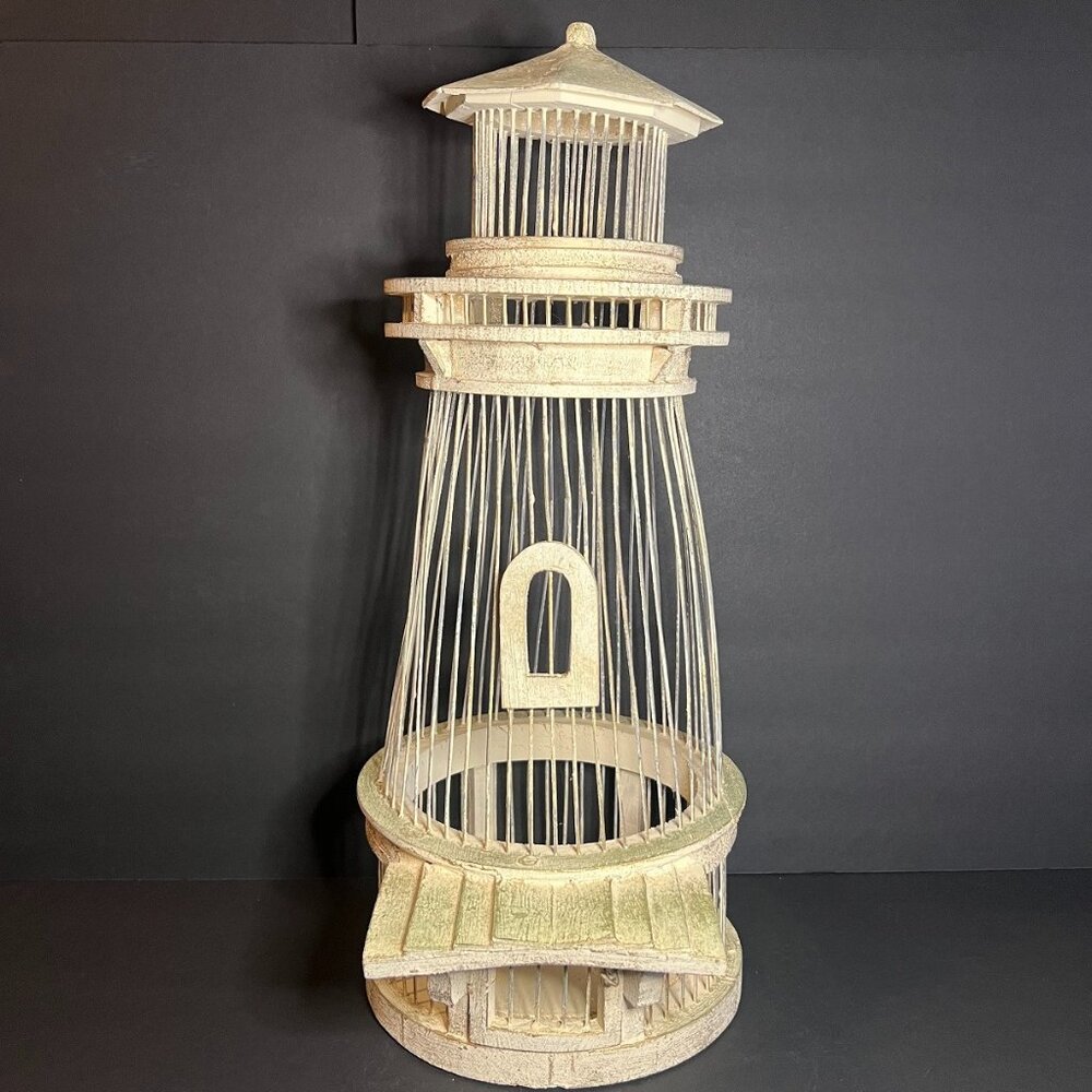 Vintage Decorative Rustic Coastal Wooden & Metal Wired Lighthouse Decor 19"